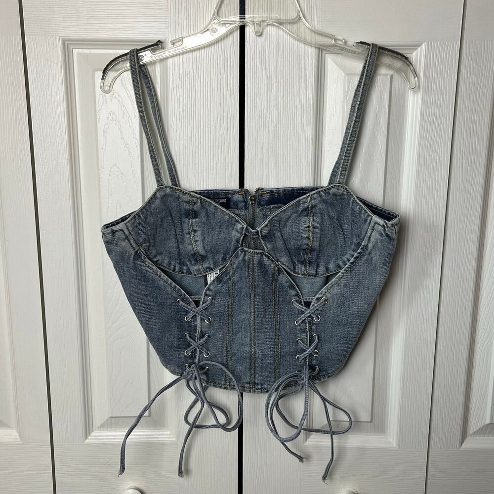 Pretty Little Thing Petite Light Blue Wash Denim Lace Up Corset 10